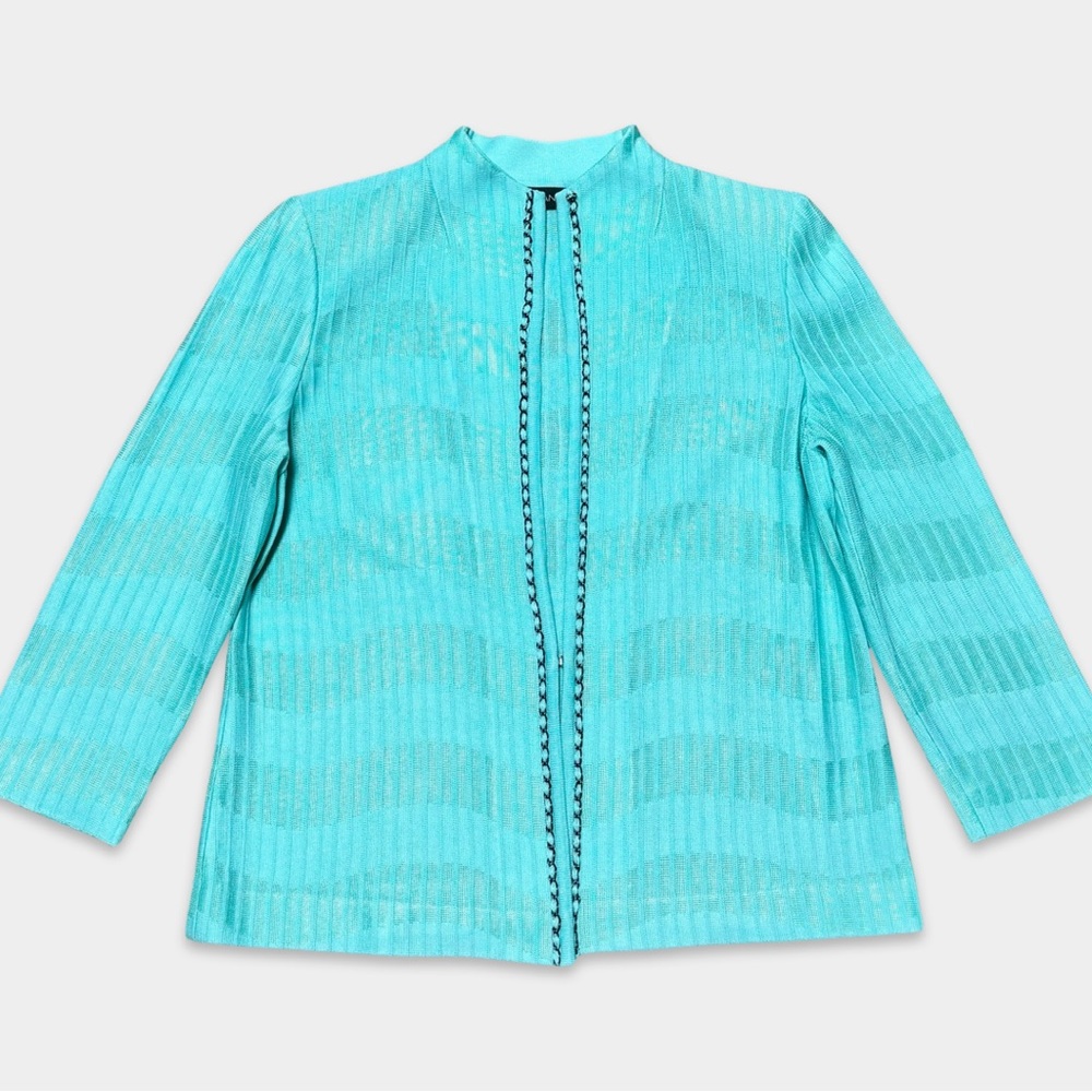 Ming Wang Turquoise Aqua Chain Textured Knit Clasp Open Cardigan Sweater Jacket